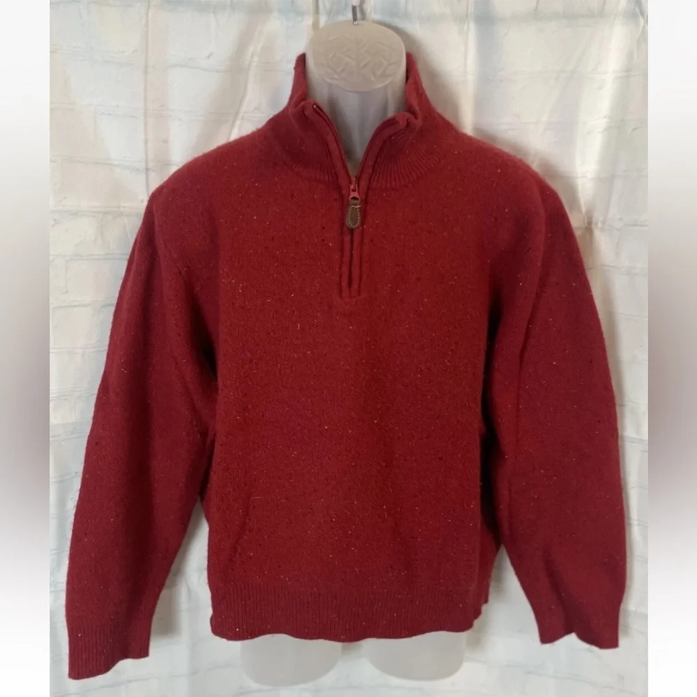 Jos. A. Bank Men's Lambswool Knit Sweater Pullover‎ with Leather Pull Zipper Red